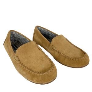 Lands End Womens Slippers Suede Leather Flannel Lined Tan Brown Size 11